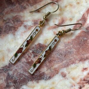 Vintage Cloisonné Cherry Blossom Rectangle Drop Earrings